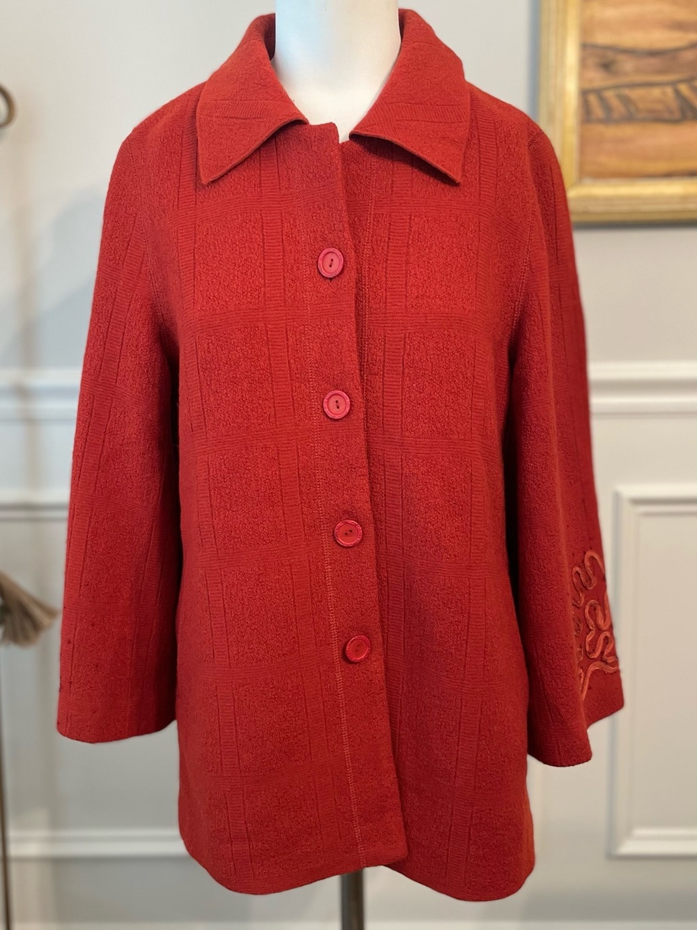Yinger Red Textured Button-Front Pea Coat